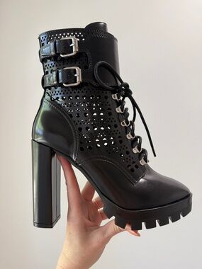 Alaïa Black Laser-Cut Leather Combat Platform Boots | Lug Sole Heel | size 38